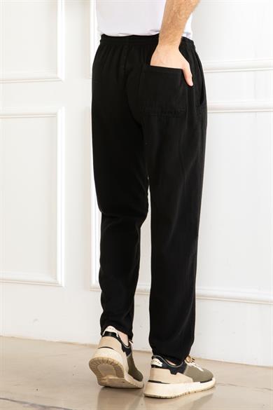 ERKEK OVERSİZE BELİ LASTİKLİ KALIN KETEN RAHAT DÜZ PAÇA SALAŞ ALT JOGGER SİYAH PANTOLON