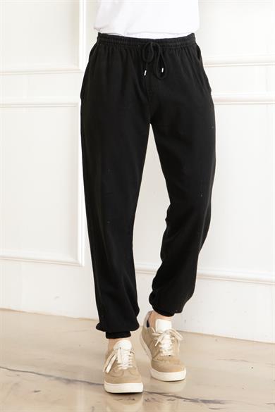 Erkek Oversize Beli Lastikli Kalın Keten Rahat Lastikli Paça Salaş Siyah  Alt Jogger Pantolon