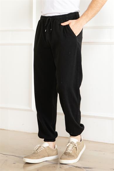 Erkek Oversize Beli Lastikli Kalın Keten Rahat Lastikli Paça Salaş Siyah  Alt Jogger Pantolon