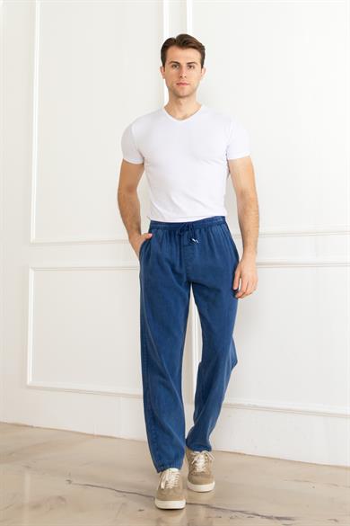 Erkek Oversize Beli Lastikli Kalın Keten Rahat Lastikli Paça Salaş Lacivert Alt Jogger Pantolon