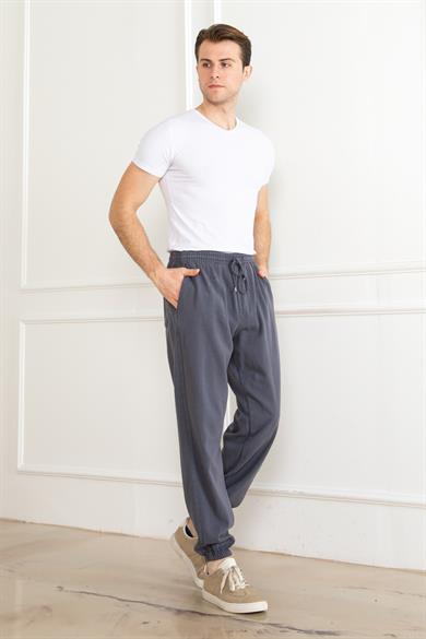 Erkek Oversize Beli Lastikli Kalın Keten Rahat Lastikli Paça Salaş Gri Alt Jogger Pantolon