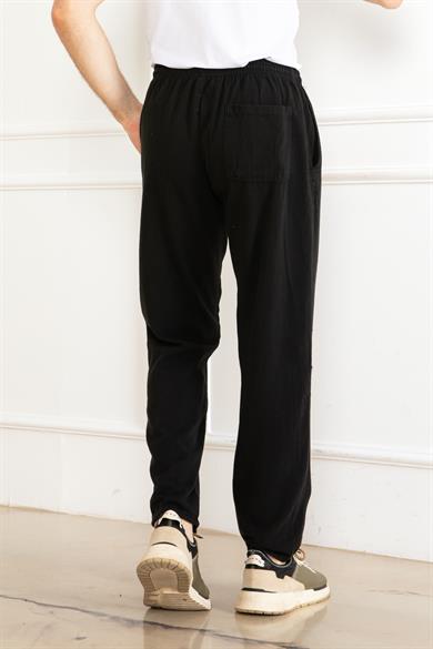 ERKEK OVERSİZE BELİ LASTİKLİ KALIN KETEN RAHAT DÜZ PAÇA SALAŞ ALT JOGGER SİYAH PANTOLON