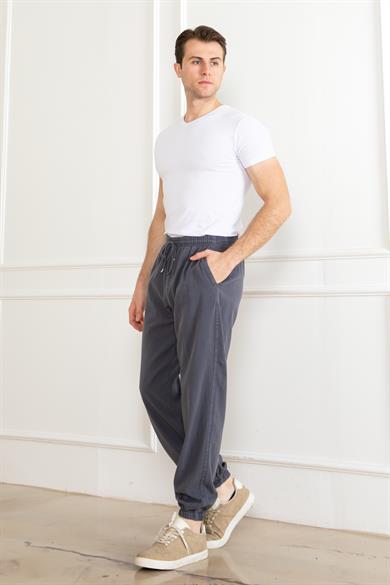 Erkek Oversize Beli Lastikli Kalın Keten Rahat Lastikli Paça Salaş Gri Alt Jogger Pantolon