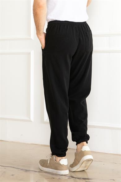 Erkek Oversize Beli Lastikli Kalın Keten Rahat Lastikli Paça Salaş Siyah  Alt Jogger Pantolon