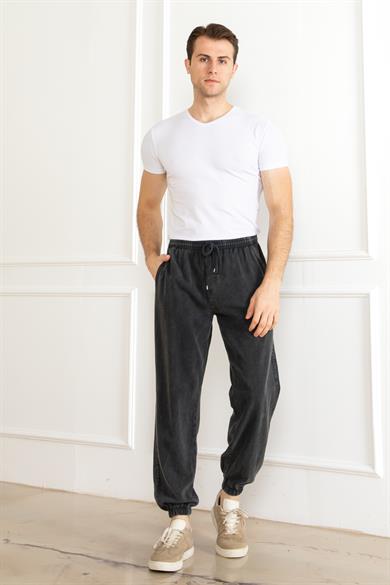 Erkek Oversize Beli Lastikli Kalın Keten Rahat Lastikli Paça Salaş Antrasit Alt Jogger Pantolon