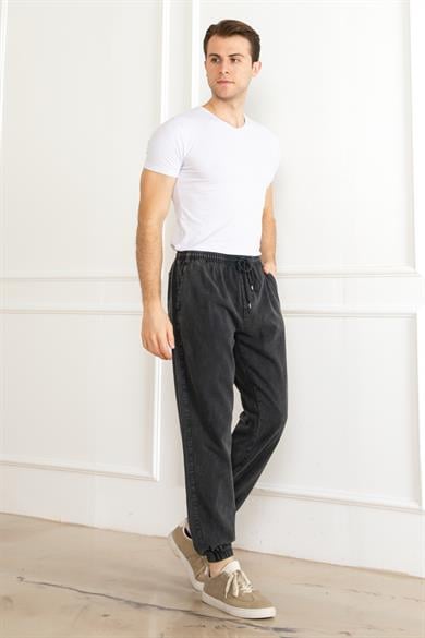 Erkek Oversize Beli Lastikli Kalın Keten Rahat Lastikli Paça Salaş Antrasit Alt Jogger Pantolon