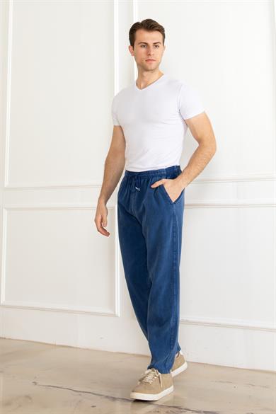 Erkek Oversize Beli Lastikli Kalın Keten Rahat Lastikli Paça Salaş Lacivert Alt Jogger Pantolon