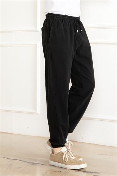 Erkek Oversize Beli Lastikli Kalın Keten Rahat Lastikli Paça Salaş Siyah  Alt Jogger Pantolon