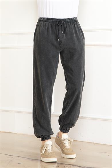 Erkek Oversize Beli Lastikli Kalın Keten Rahat Lastikli Paça Salaş Antrasit Alt Jogger Pantolon