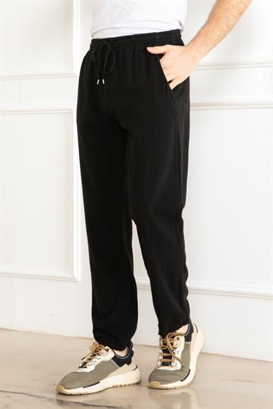 ERKEK OVERSİZE BELİ LASTİKLİ KALIN KETEN RAHAT DÜZ PAÇA SALAŞ ALT JOGGER SİYAH PANTOLON