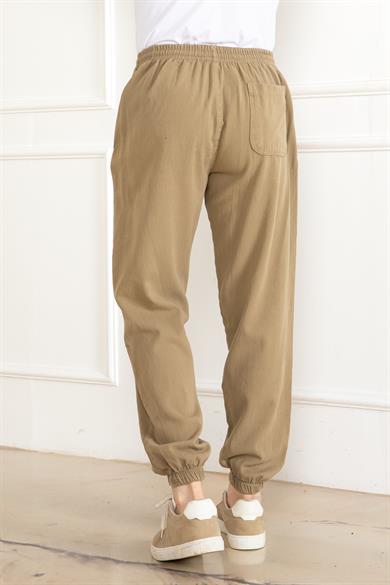 Erkek Oversize Beli Lastikli Kalın Keten Rahat Lastikli Paça Salaş Bej Alt Jogger Pantolon