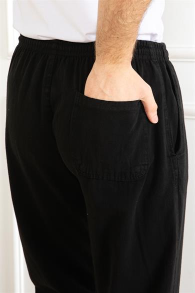 ERKEK OVERSİZE BELİ LASTİKLİ KALIN KETEN RAHAT DÜZ PAÇA SALAŞ ALT JOGGER SİYAH PANTOLON