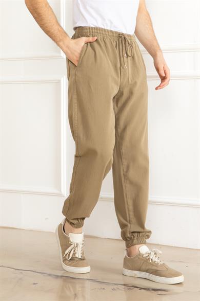 Erkek Oversize Beli Lastikli Kalın Keten Rahat Lastikli Paça Salaş Bej Alt Jogger Pantolon