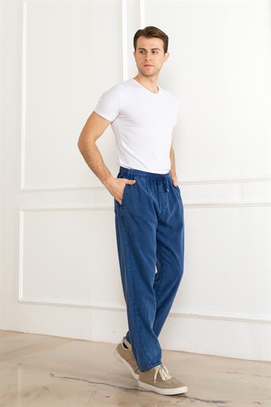 Erkek Oversize Beli Lastikli Kalın Keten Rahat Lastikli Paça Salaş Lacivert Alt Jogger Pantolon