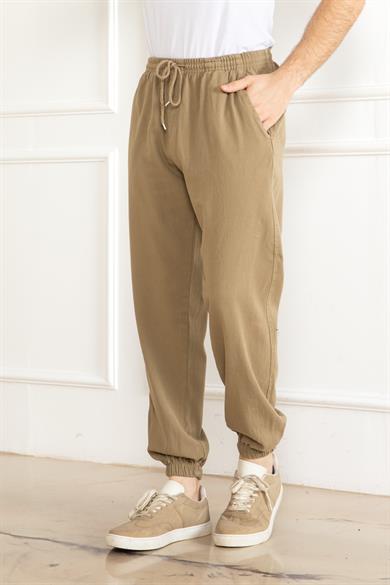 Erkek Oversize Beli Lastikli Kalın Keten Rahat Lastikli Paça Salaş Bej Alt Jogger Pantolon
