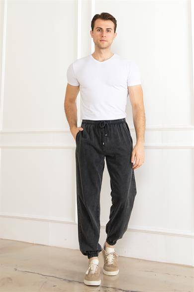 Erkek Oversize Beli Lastikli Kalın Keten Rahat Lastikli Paça Salaş Antrasit Alt Jogger Pantolon