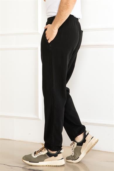 ERKEK OVERSİZE BELİ LASTİKLİ KALIN KETEN RAHAT DÜZ PAÇA SALAŞ ALT JOGGER SİYAH PANTOLON