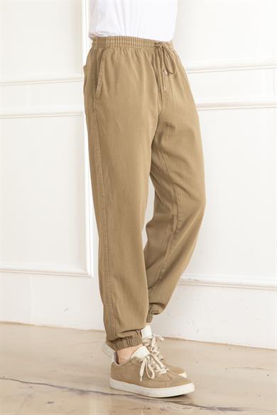 Erkek Oversize Beli Lastikli Kalın Keten Rahat Lastikli Paça Salaş Bej Alt Jogger Pantolon