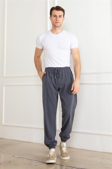Erkek Oversize Beli Lastikli Kalın Keten Rahat Lastikli Paça Salaş Gri Alt Jogger Pantolon