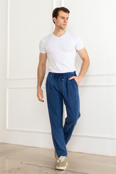 Erkek Oversize Beli Lastikli Kalın Keten Rahat Lastikli Paça Salaş Lacivert Alt Jogger Pantolon