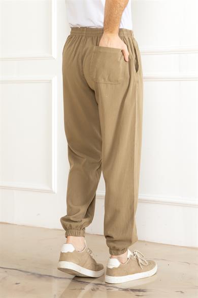 Erkek Oversize Beli Lastikli Kalın Keten Rahat Lastikli Paça Salaş Bej Alt Jogger Pantolon