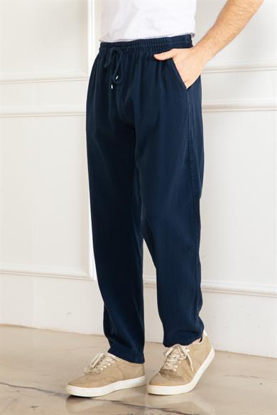 ERKEK OVERSİZE BELİ LASTİKLİ KALIN KETEN RAHAT DÜZ PAÇA SALAŞ ALT JOGGER LACİVERT PANTOLON