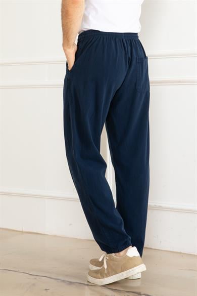 ERKEK OVERSİZE BELİ LASTİKLİ KALIN KETEN RAHAT DÜZ PAÇA SALAŞ ALT JOGGER LACİVERT PANTOLON