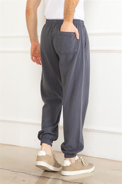 Erkek Oversize Beli Lastikli Kalın Keten Rahat Lastikli Paça Salaş Gri Alt Jogger Pantolon