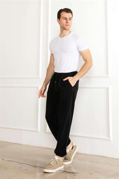 Erkek Oversize Beli Lastikli Kalın Keten Rahat Lastikli Paça Salaş Siyah  Alt Jogger Pantolon