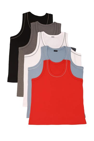 Erkek Sıfır Kol Kalın Askılı Bisiklet Yaka Comfort Basic Rahat Kesim 5Li Set Penye Tişört Atlet