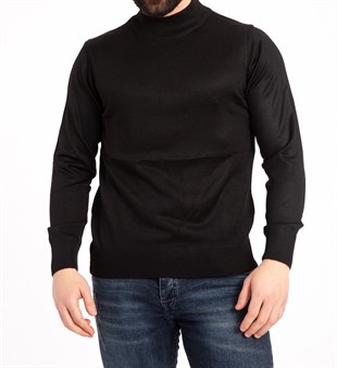 Erkek SİYAH Ince Yün Triko Örgü Baba Yarım Balıkçı Yaka Boğazlı Kazak Bluz