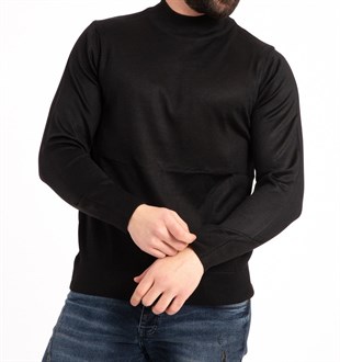 Erkek SİYAH Ince Yün Triko Örgü Baba Yarım Balıkçı Yaka Boğazlı Kazak Bluz