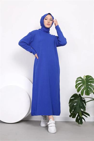 Kadın Likralı Standart Beden Bisiklet Yaka Tam Boy Fitilli Triko Elbise