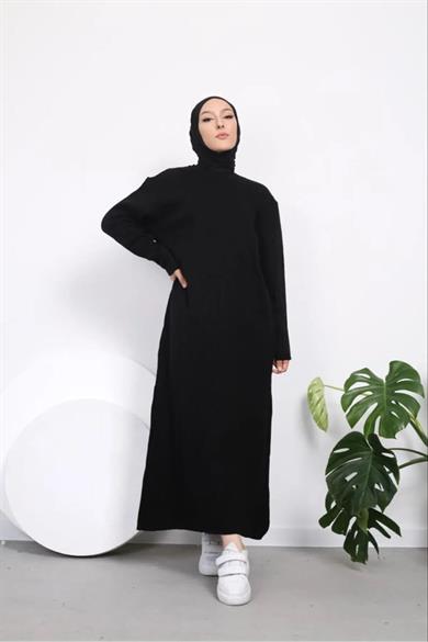 Kadın Likralı Standart Beden Bisiklet Yaka Tam Boy Fitilli Triko Elbise