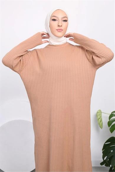 Kadın Likralı Standart Beden Bisiklet Yaka Tam Boy Fitilli Triko Elbise