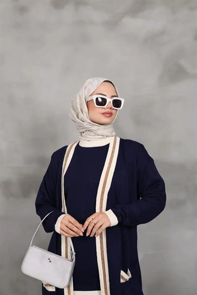 KADIN 3lü TRİKO TUNİK SİMLİ LACİVERT DESENLİ HIRKA TAKIM