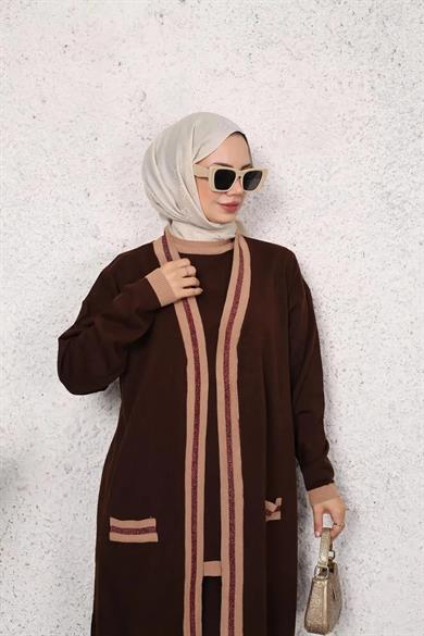 KADIN 3lü TRİKO TUNİK SİMLİ KAHVERENGİ DESENLİ HIRKA TAKIM