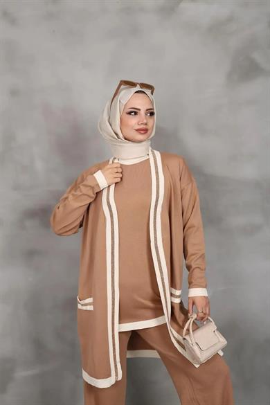 KADIN 3lü TRİKO TUNİK SİMLİ BEJ DESENLİ HIRKA TAKIM