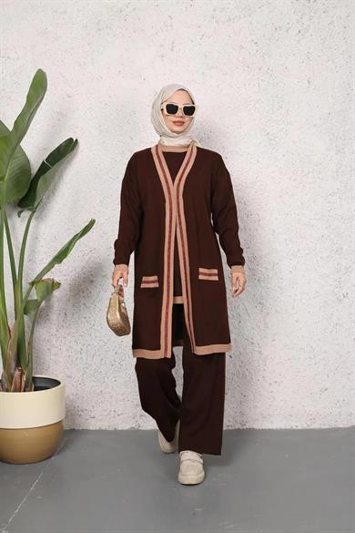 KADIN 3lü TRİKO TUNİK SİMLİ KAHVERENGİ DESENLİ HIRKA TAKIM