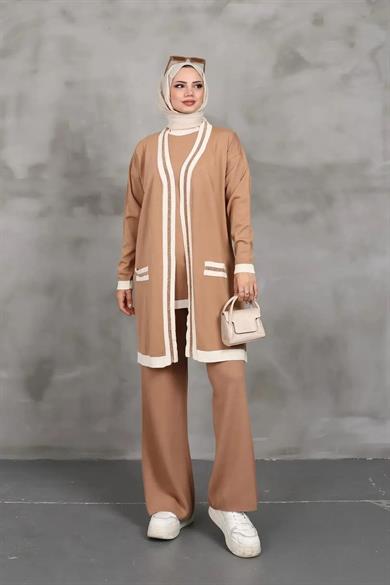 KADIN 3lü TRİKO TUNİK SİMLİ BEJ DESENLİ HIRKA TAKIM