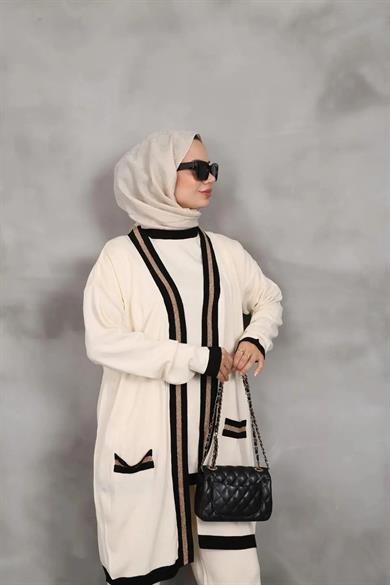 KADIN 3lü TRİKO TUNİK SİMLİ KREM DESENLİ HIRKA TAKIM