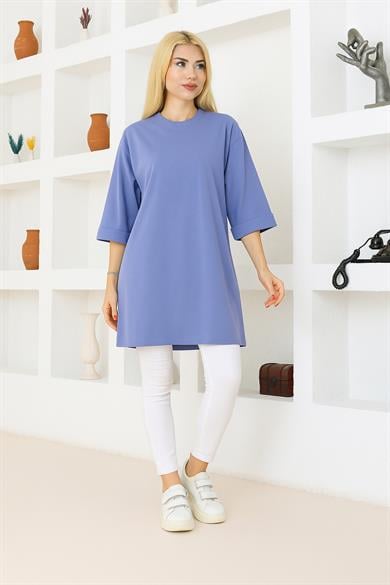 Kadın Bebe Mavi Oversize Tunik Tişört – Yarım Kollu, Yuvarlak Yaka, Rahat Kesim