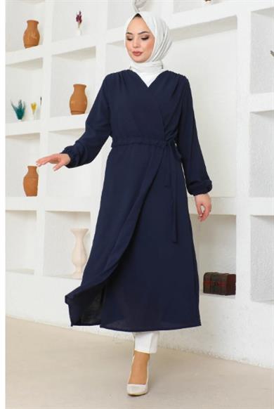 Kadın Beli Kemerli Tam Boy Lacivert Uzun Hırka Tunik
