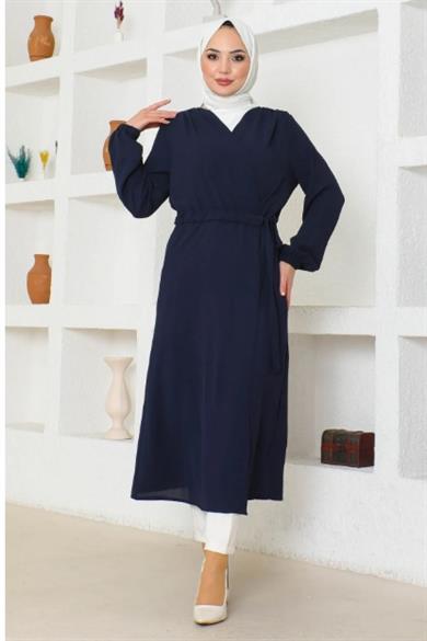 Kadın Beli Kemerli Tam Boy Lacivert Uzun Hırka Tunik