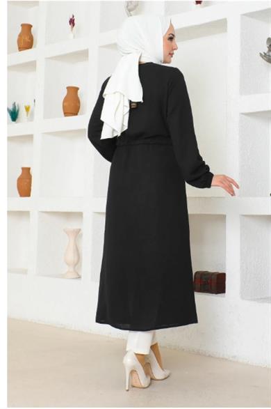 Kadın Beli Kemerli Tam Boy Siyah Uzun Hırka Tunik