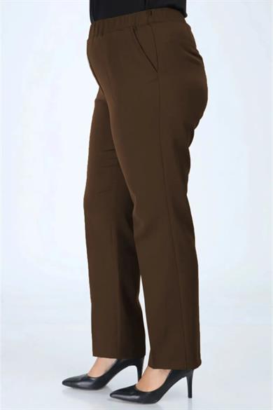 Kadın Kahverengi Beli Lastikli Büyük Beden Pantolon Kumas Pantolon