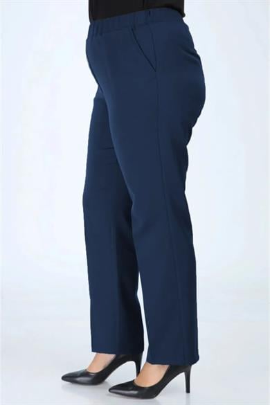 Kadın Lacivert Beli Lastikli Büyük Beden Pantolon Kumas Pantolon