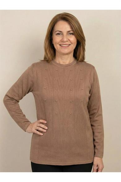 Kadın Vizon Bisiklet Yaka Kabartma Desenli Uzun Kollu Triko Kazak