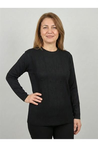 Kadın Siyah Bisiklet Yaka Kabartma Desenli Uzun Kollu Triko Kazak