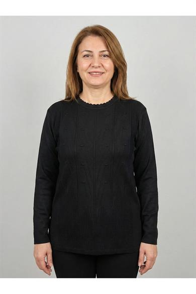 Kadın Siyah Bisiklet Yaka Kabartma Desenli Uzun Kollu Triko Kazak